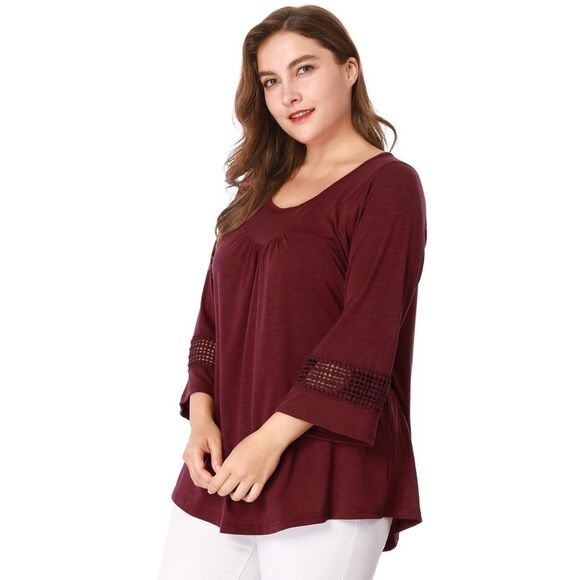 Women's Plus Size Crochet Panel Kimono Raglan Sleeves Tops Burgundy - Picture 3 of 6